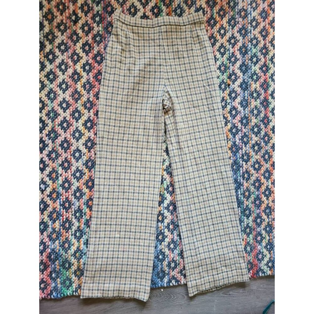 Vintage High Waist Straight Leg Windowpane Plaid Wool Trousers Beige Minimalist